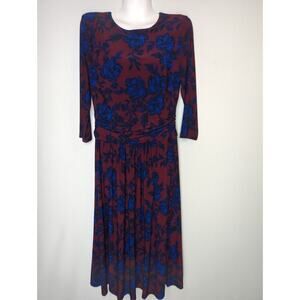 Lauren Ralph Lauren Pomegrante & Blue Floral 3/4 Sleeve Stretch Midi Dress Sz. 8